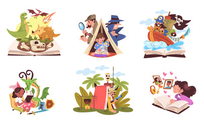 People fantasy book. Fiction books imagination concept, readers read fairy tale novels adventure worlds abstract dreams storybook mystery characters, classy vector illustration