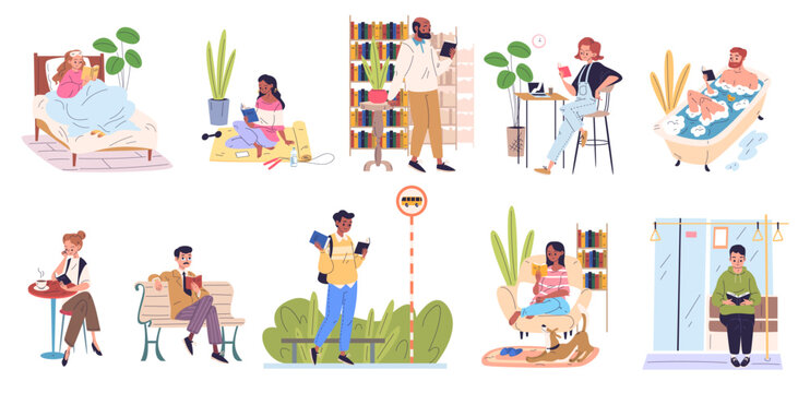 People readers books. Students read book, young adult man woman reading textbook storybook literature hobby home library study leisure smart characters, classy vector illustration