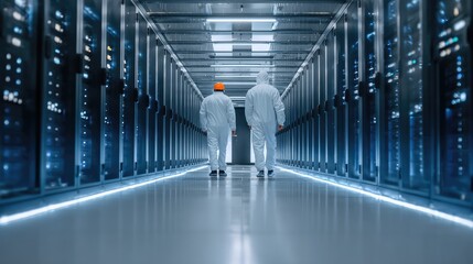 Two technicians in a server room
