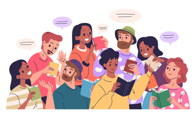 People bookcrossing. Students exchange books, friend borrow book man get literature woman recommend best story gift library reading club swap bookstore, classy vector illustration