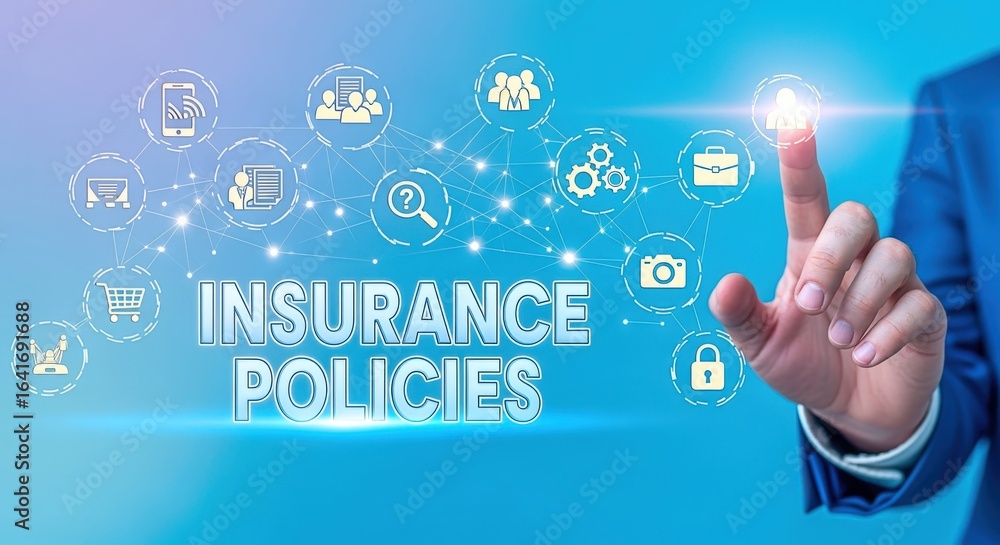 Poster insurance policies concept: person touching virtual screen displaying insurance icons, representing 