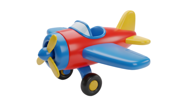 A colorful toy airplane with red body, blue wings and tail, and yellow propeller, isolated on transparent background
