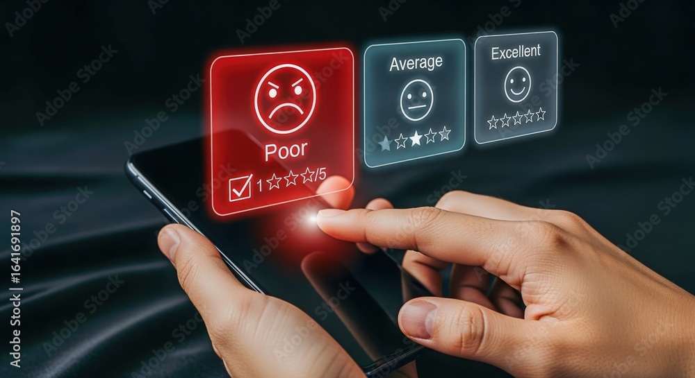 Aufkleber online feedback interface on mobile device displaying poor rating with hand touching the screen