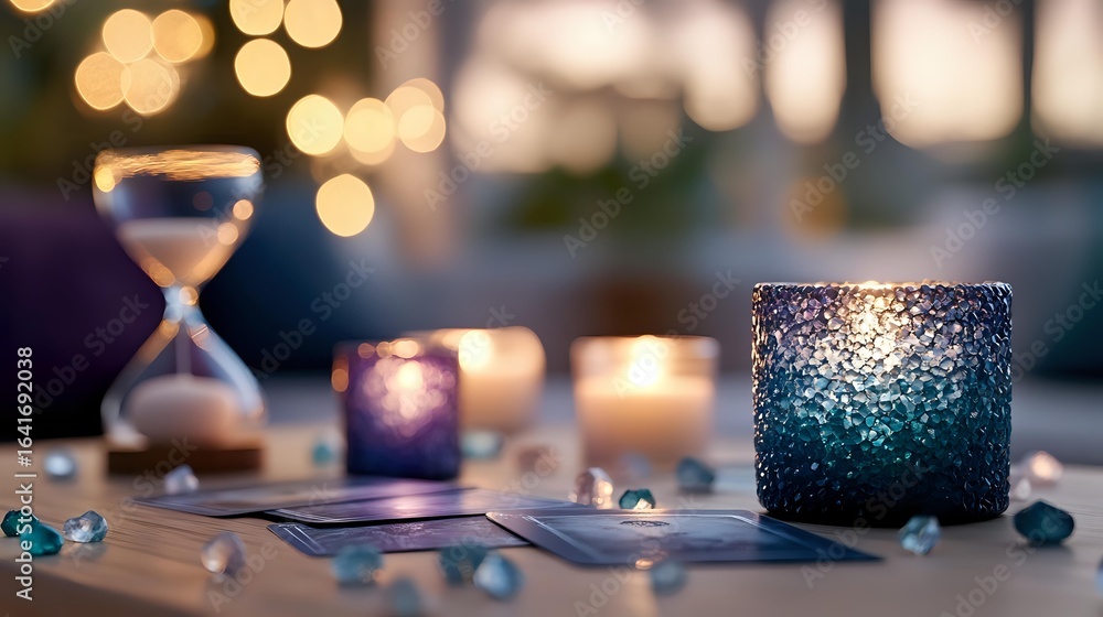 Poster glowing candles and hourglass create atmospheric composition with bokeh lights and scattered crystal