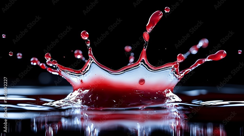 Poster red liquid crown splash with droplets frozen in time against dark background, high-speed macro photo