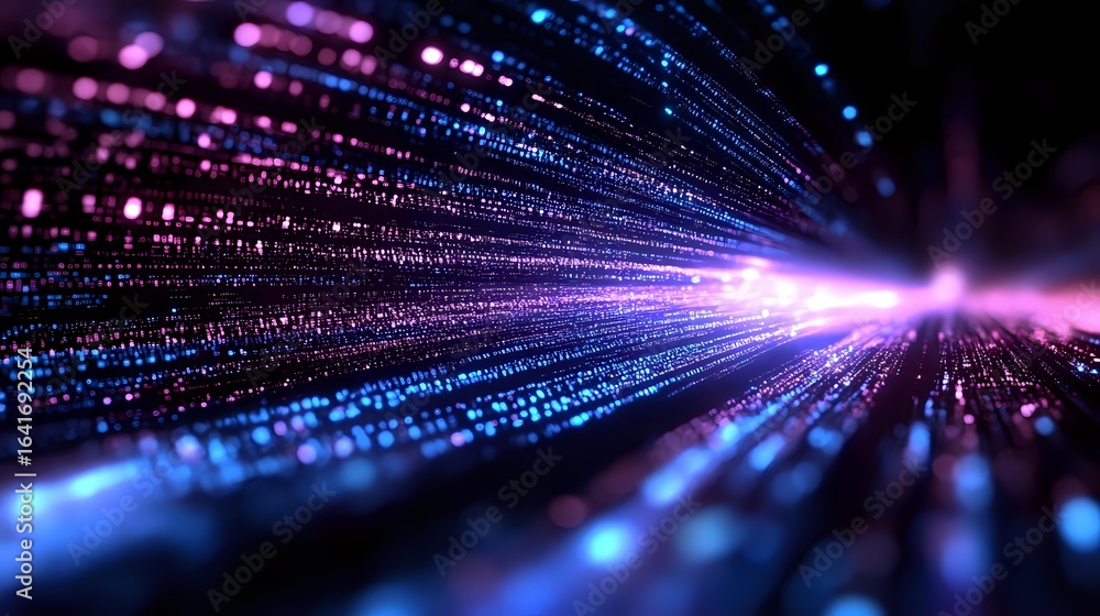 Poster glowing digital particles stream through dark space creating luminous trails in pink and blue colors