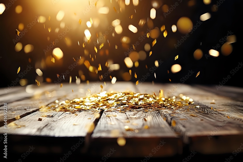 Poster golden confetti falling on rustic wooden surface with magical bokeh lights and sparkles in dark atmo