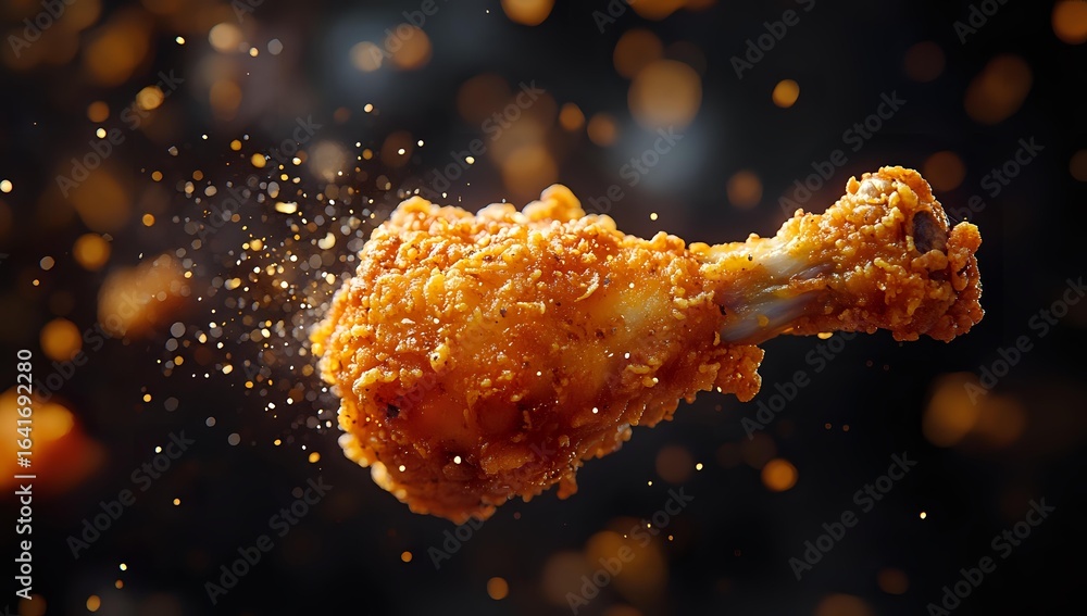 Poster crispy fried chicken drumstick with golden crust exploding with seasoning particles against dark bac