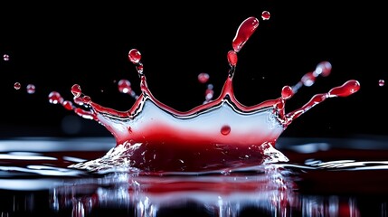 Red liquid crown splash with droplets frozen in time against dark background, high-speed macro photography capturing dynamic fluid motion and surface tension effects.