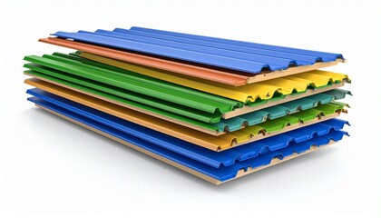 Overlapping stack of colorful corrugated roofing sheets in gradient arrangement