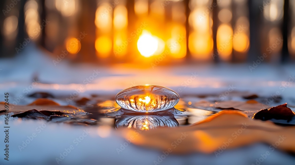 Poster magical winter sunset captured in water drop on frozen surface with golden bokeh lights through fore