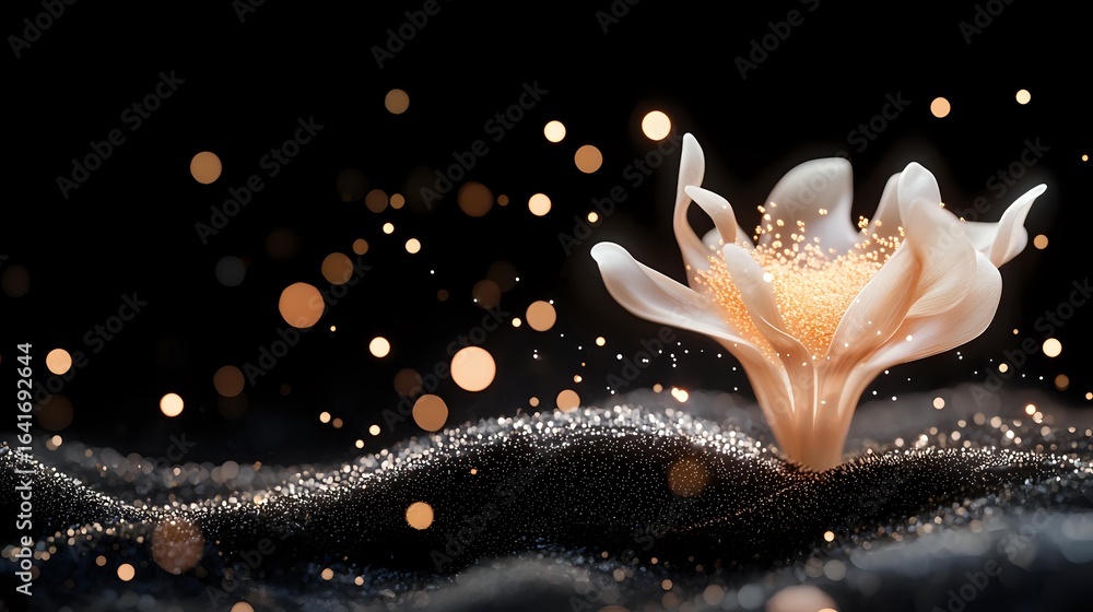 Poster glowing mushroom on dark background with magical sparkles and bokeh lights creating mystical forest 