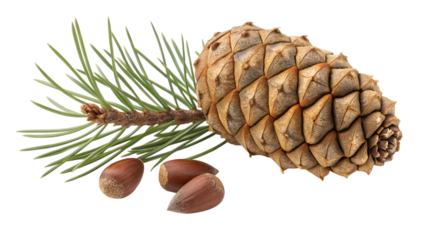 three pine nut with one pine cone isolated on transparent background