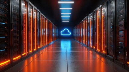 The Advanced Server Room with Neon Cloud Icon and Modern Lighting
