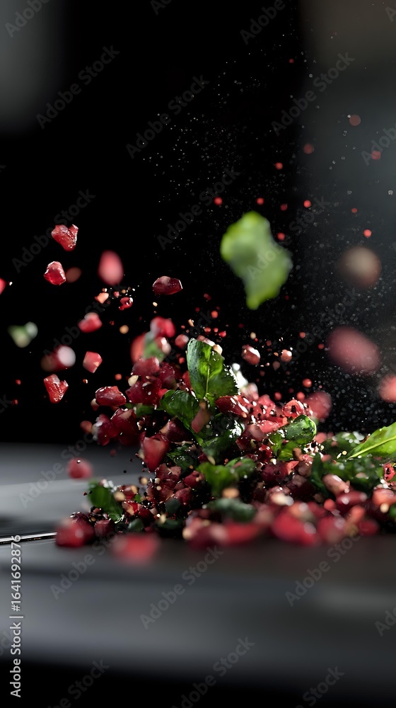 Poster fresh pomegranate seeds and green leaves exploding in dynamic motion against dark background with wa