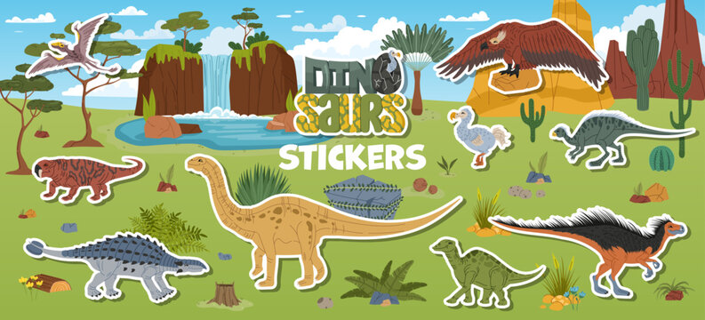 Prehistoric era dinosaur cute characters stickers pack. Extinct prehistoric reptiles vector patch. Anatotitan, Argentavis, Dicraeosaurus and Dimorphodon, Hysilophodon, Lystrosaurus dinosaur sticker
