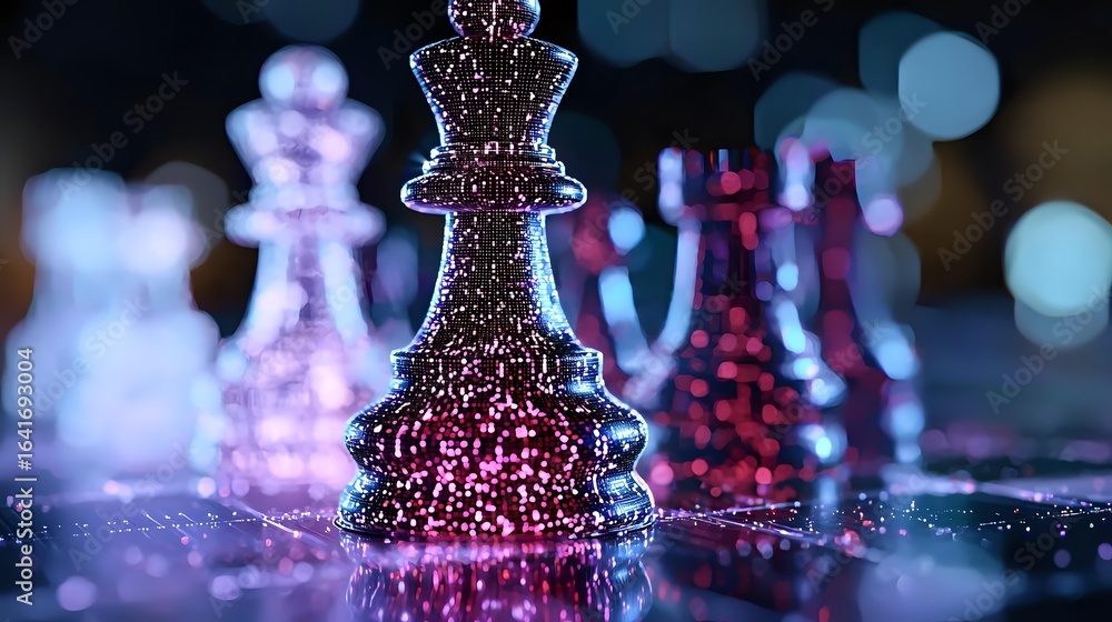 Aufkleber glowing pink and purple chess pieces on dark background with bokeh lights and sparkles, creating mag