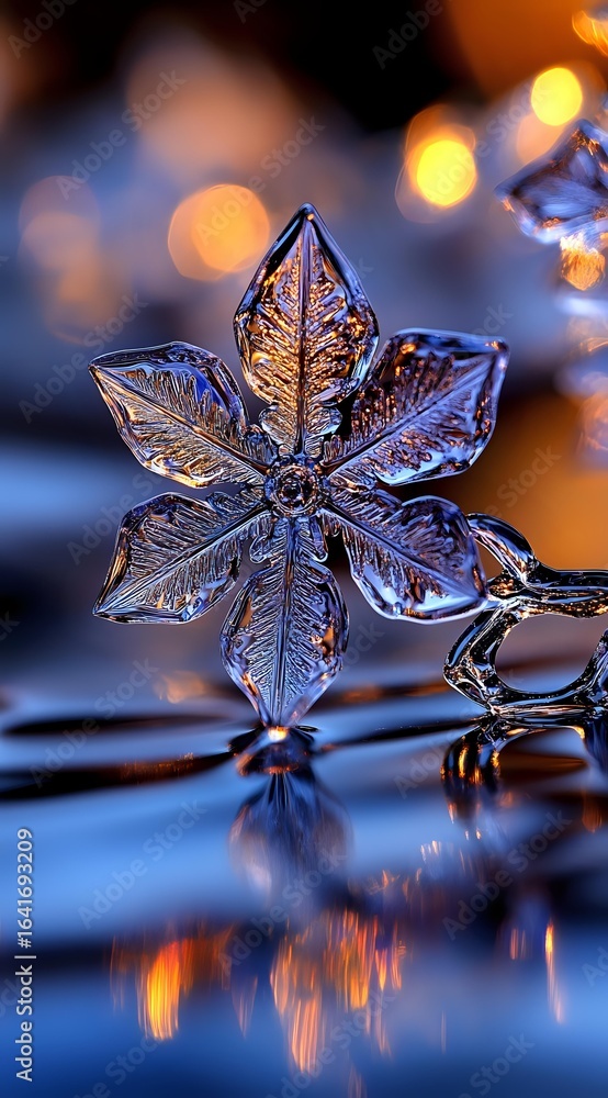 Poster delicate ice crystal snowflake with intricate natural patterns captured in macro photography against
