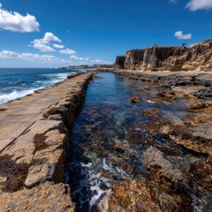 Coastal path through a clear rock pool