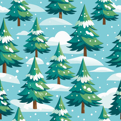 Seamless pattern of cartoon christmas trees in the snow
