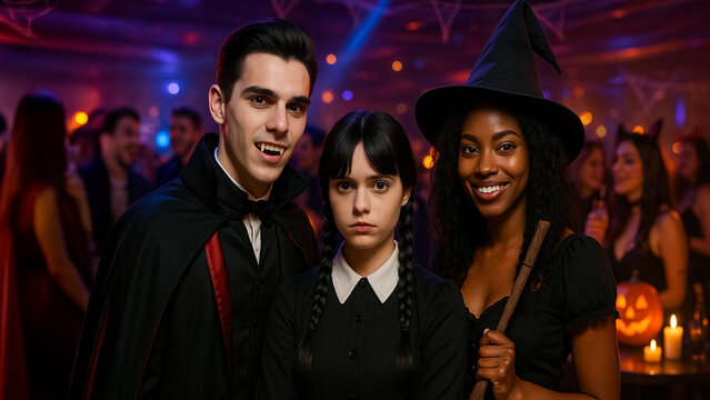 Halloween movie monster character portrait of young people at costume party