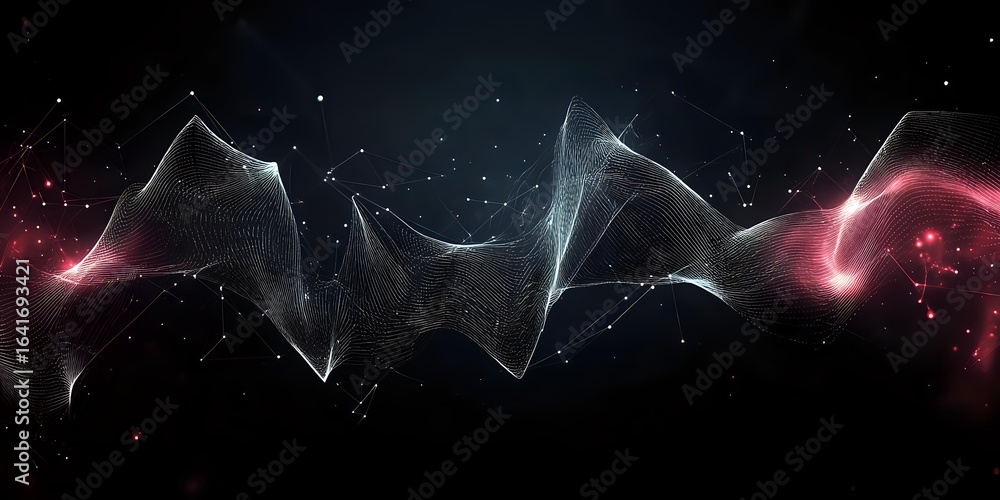 Poster ethereal wave of translucent mesh floating in dark space with glowing pink and white light streaks a