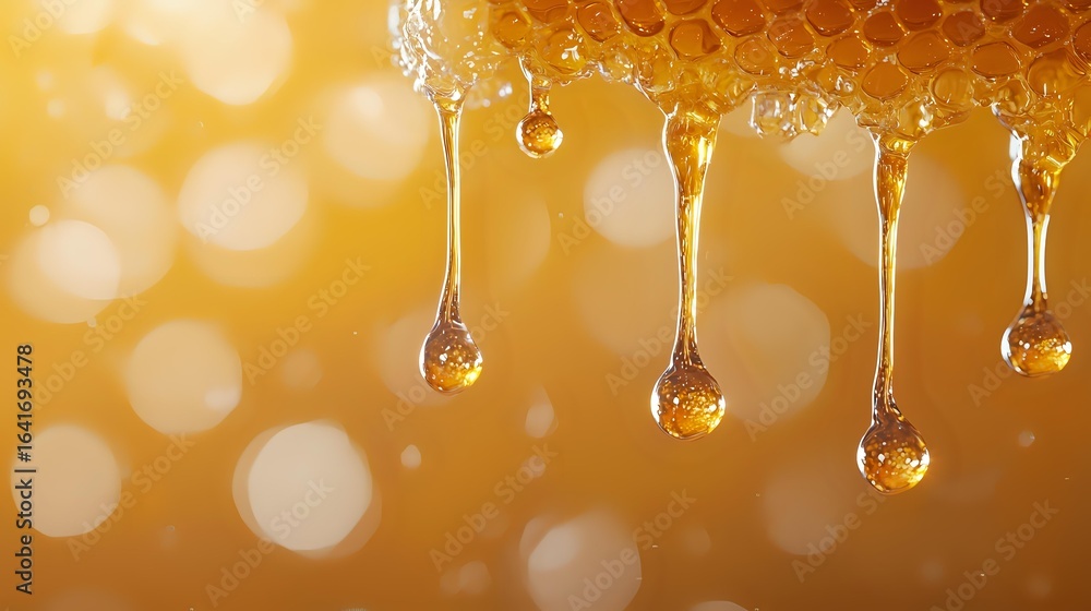 Poster fresh honey drips from golden honeycomb with glowing bokeh background, macro close-up showing crysta