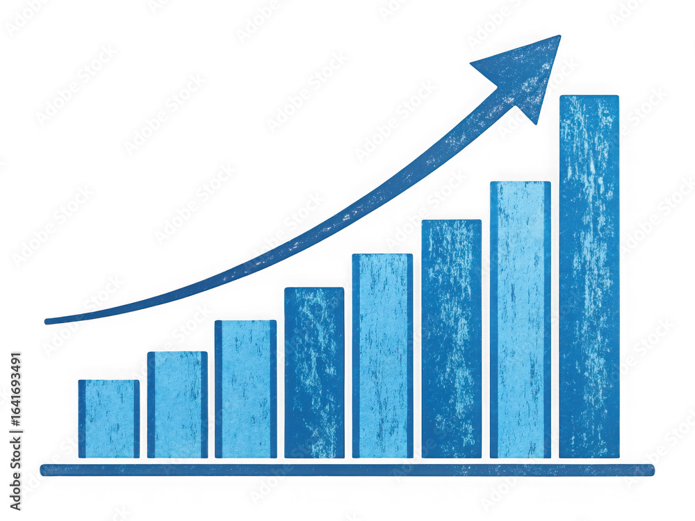 Poster blue bar chart showing upward trend with arrow isolated on transparent background