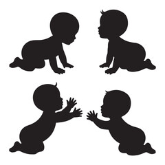 Black baby silhouettes crawling and reaching, transparent. Vector black silhouette. with white background.