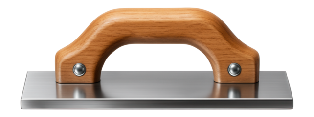 Flat metal concrete joint smoother with a straight edge and wooden grip for masonry work.