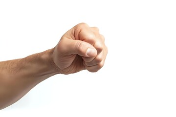 Male Caucasian hand making fist gesture against white background, showing strength and determination. Isolated photo ready for design projects.