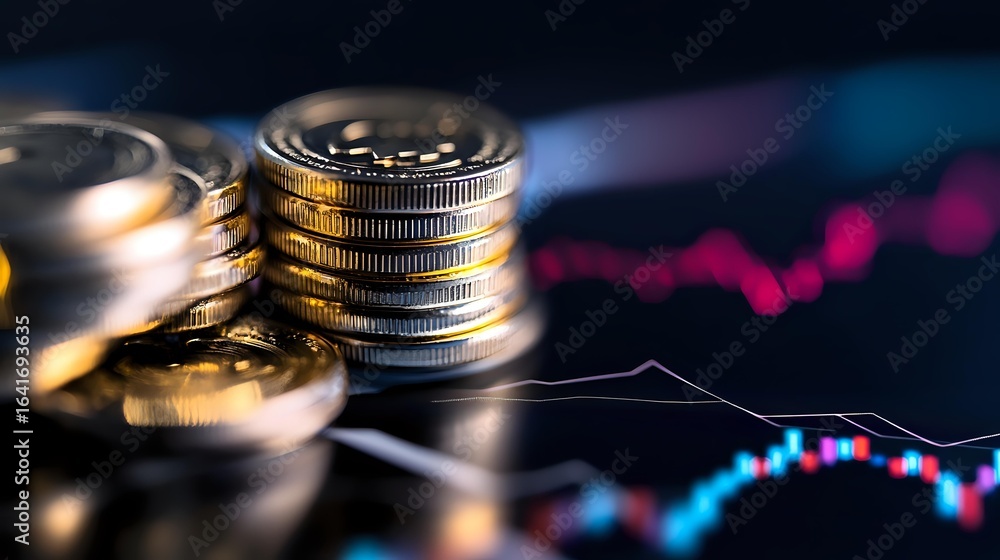 Poster stack of silver coins on financial chart background with glowing market data and trading graph lines