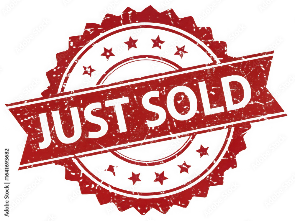 Poster red and black textured circular stamp with just sold text isolated on transparent background
