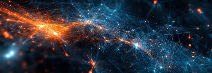 Futuristic network connections with glowing orange and blue light trails forming abstract digital web structure against dark background.