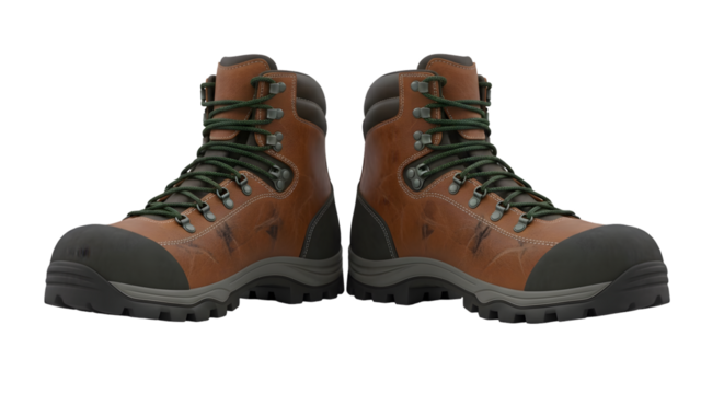 Pair of brown leather hiking boots with black laces and soles, isolated on transparent background