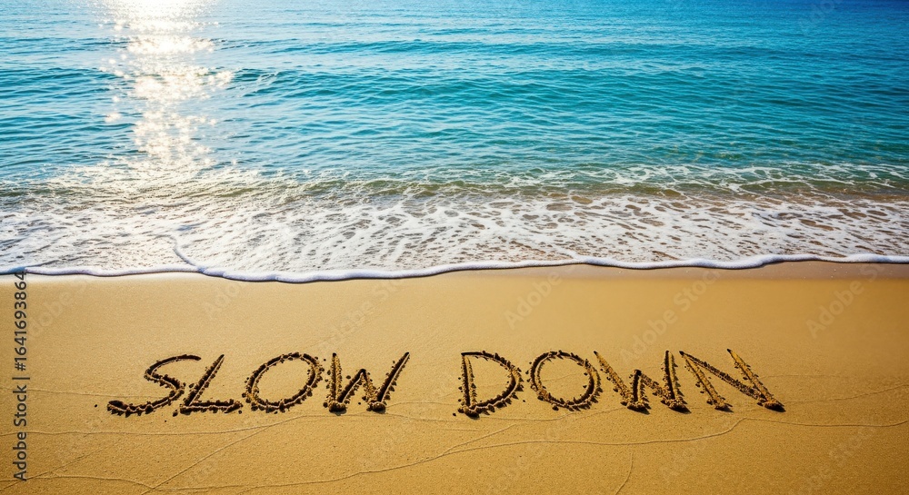 Poster slow down message written in sand on beach with ocean wave in background
