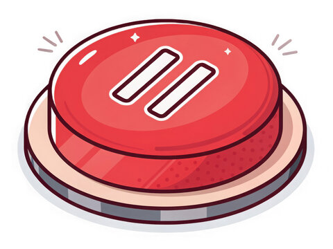 A bright red circular button with a pause symbol isolated on transparent background