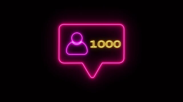 A glowing neon social media follower notification icon. The speech bubble outline glows in orange, featuring a pink neon user icon on the left and bold pink neon text reading "1000"