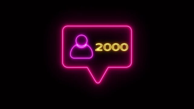 A glowing neon social media follower notification icon. The speech bubble outline glows in orange, featuring a pink neon user icon on the left and bold pink neon text reading "2000"