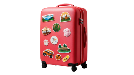 Ready to Explore: A vibrant red travel suitcase, adorned with unique stickers, epitomizes the spirit of adventure and wanderlust, ready to embark on a journey filled with exciting experiences.