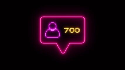 A glowing neon social media follower notification icon. The speech bubble outline glows in orange, featuring a pink neon user icon on the left and bold pink neon text reading "7000" - Powered by Adobe