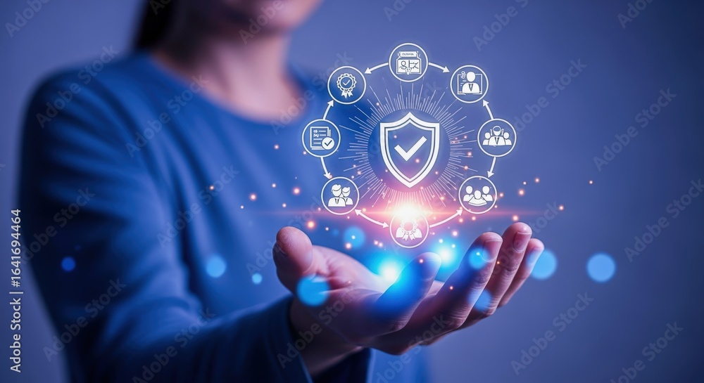 Poster cybersecurity visualization: woman holding shield with digital icons representing data protection an