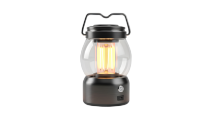 Portable vintage led lantern with a warm yellow light, suitable for camping or home decor, isolated on transparent background