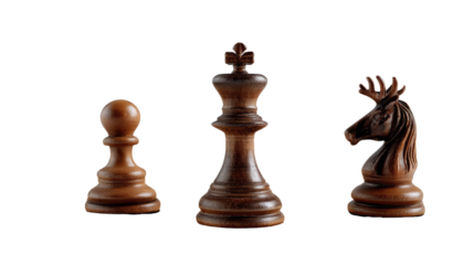 Chess Pieces Trio: A meticulously captured still-life showcases a Pawn, King, and Knight piece, arranged against a neutral background.