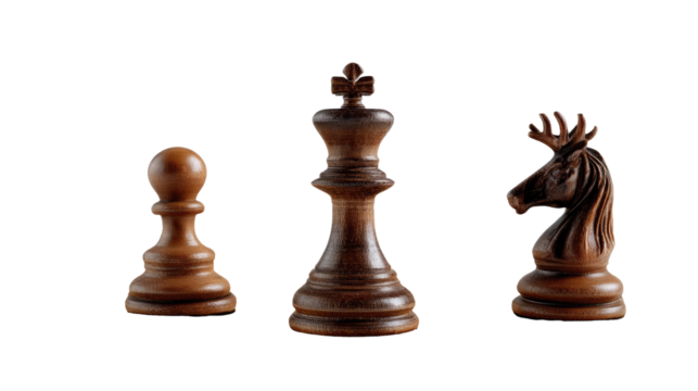 Chess Pieces Trio: A meticulously captured still-life showcases a Pawn, King, and Knight piece, arranged against a neutral background.