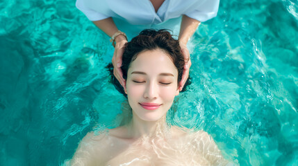 プールでヘッドスパを受ける女性