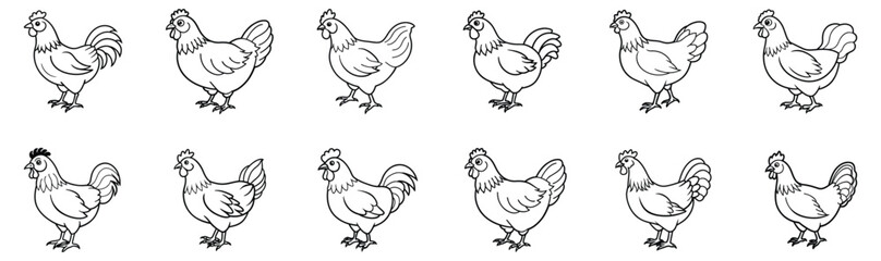 A set of twelve black-and-white line art illustrations of chickens and roosters in various poses, perfect for farm branding, agricultural graphics, poultry industry logos, and rural-themed designs.