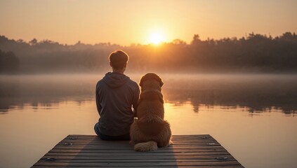 Person and Dog on Dock at Sunrise Photo