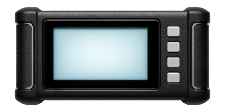 Vibration analyzer with a large backlit display, used in a manufacturing facility for real-time data collection.