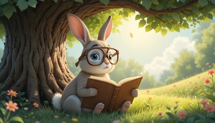 Wise Rabbit Reading Under a Tree